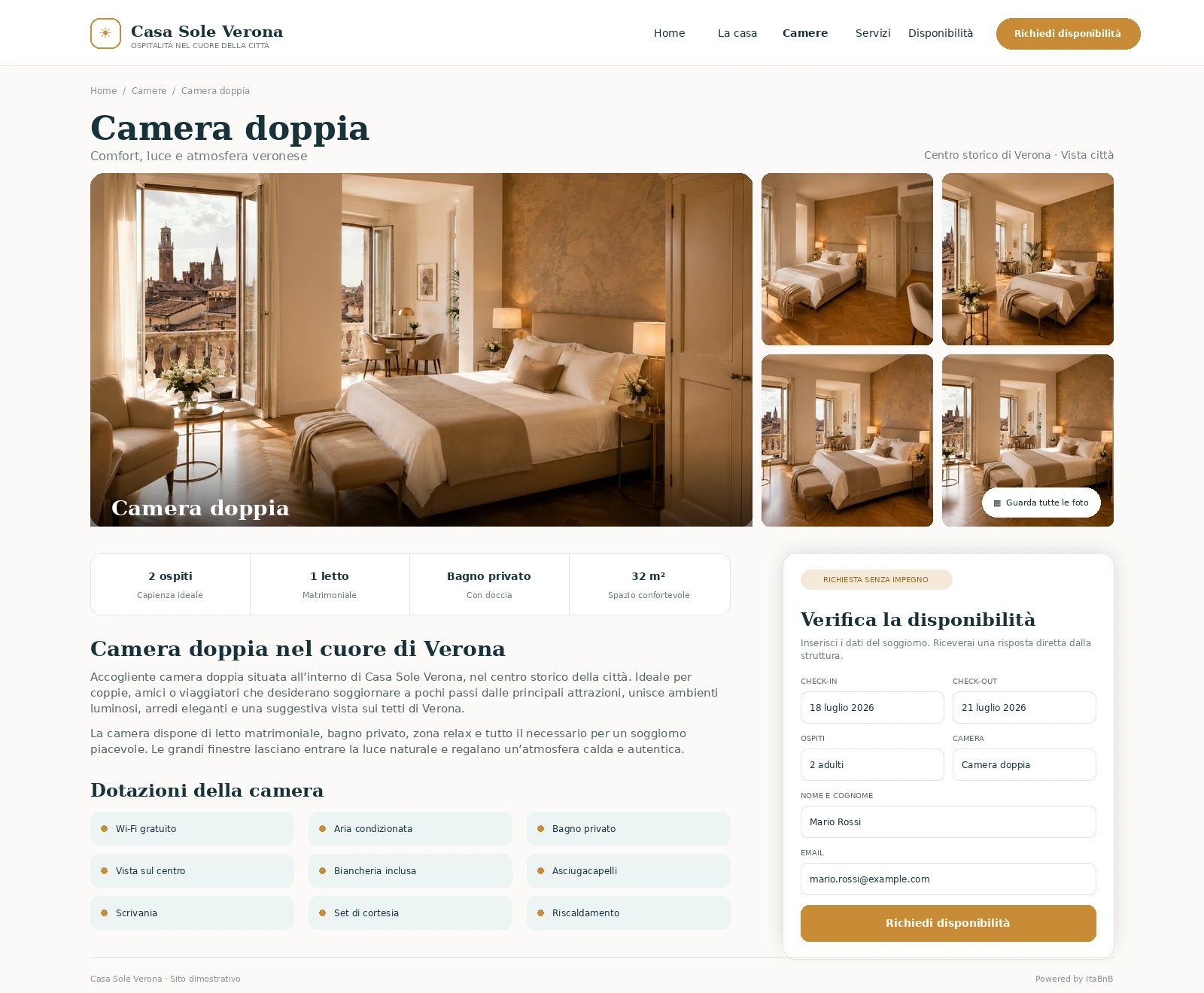 Scheda della camera doppia con gallery, dotazioni e modulo di richiesta disponibilità